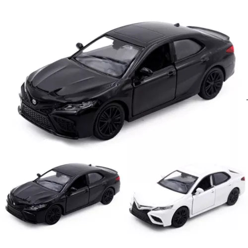 1:36 scale diecast sedan toy car in black and white, side-view and front angles