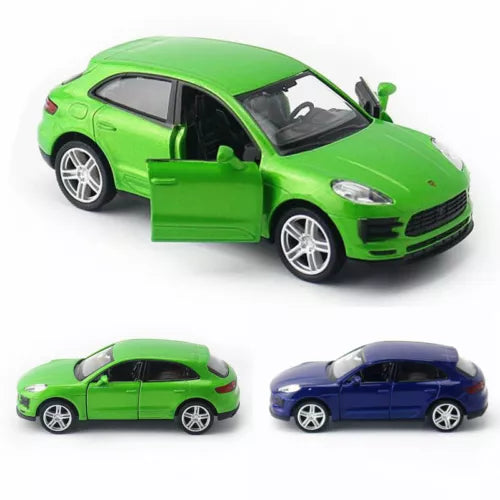 Diecast Porsche Macan S model car set: green front-left with open door, blue side view.