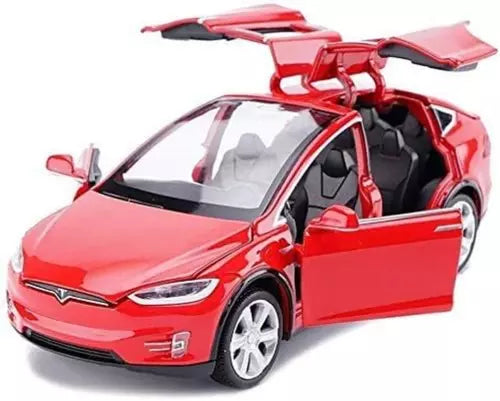 Red alloy diecast pull-back car model with open door and detailed interior
