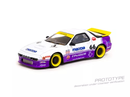 White and purple Mazda RX-7 FC3S diecast car toy with front bumper decals