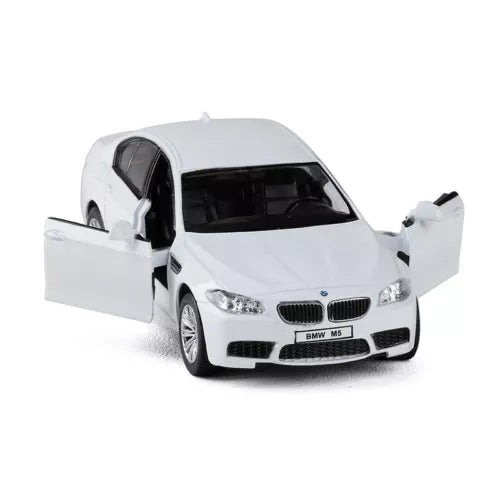 1/36 scale BMW M5 white diecast toy car with front doors open, pull-back design