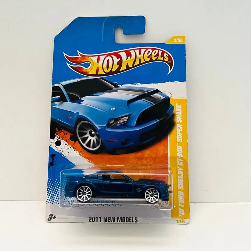Blue Hot Wheels diecast sports car in blister package, black wheels