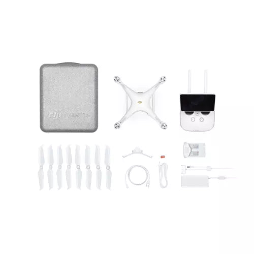 Camera drone parts kit with controller screen, propellers, cables, and mounting pieces