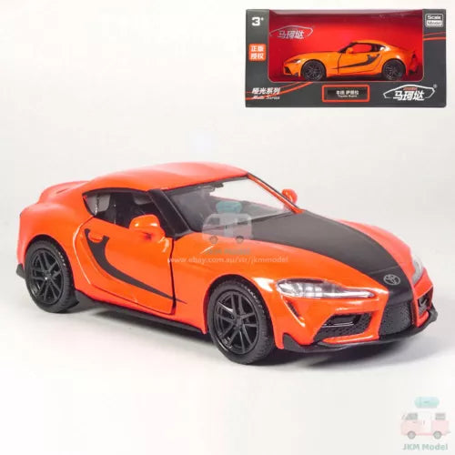 1:36 orange and black Supra diecast model car with black wheels