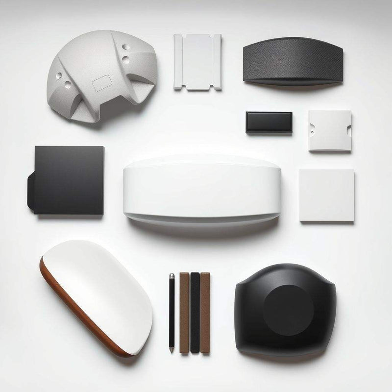 Assorted molded plastic parts and panels, including curved shell and rectangular blocks