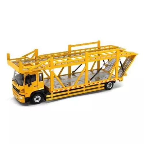 Yellow diecast car carrier truck with metal rack and cab, open sides