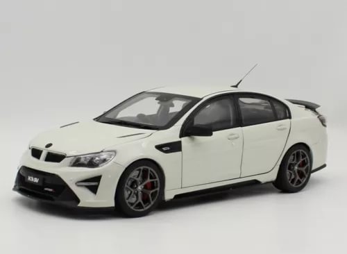 1/18 scale white diecast sports car model, front side view with black wheels