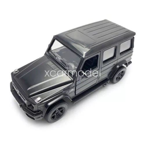 1:36 scale black diecast pull-back SUV model car, front 3/4 view