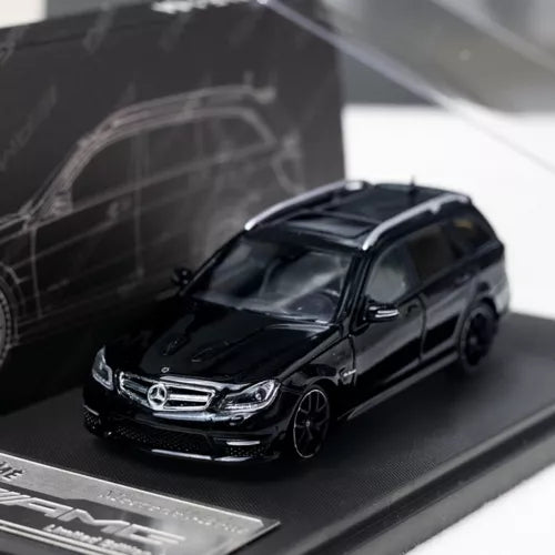 Black Mercedes-Benz C63 AMG Edition 507 wagon diecast model car, 1/64 scale