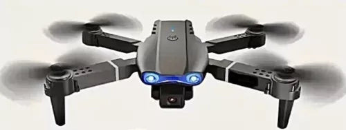 Foldable quadcopter drone with camera, black body and four propeller arms