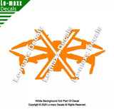 Die cut vinyl decal, orange starburst with white 'Lo-maxx Decals' lettering