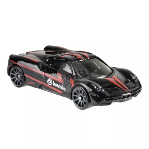 Diecast toy car, black with red racing stripes and Brembo logo, 1:64 scale.