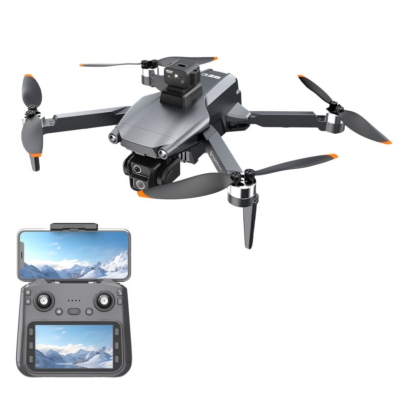 Quadcopter drone with camera and four propellers, plus handheld controller with LCD