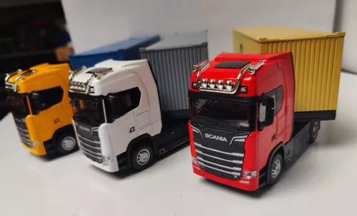 Diecast alloy container truck model with red Scania cab and attached container trailer