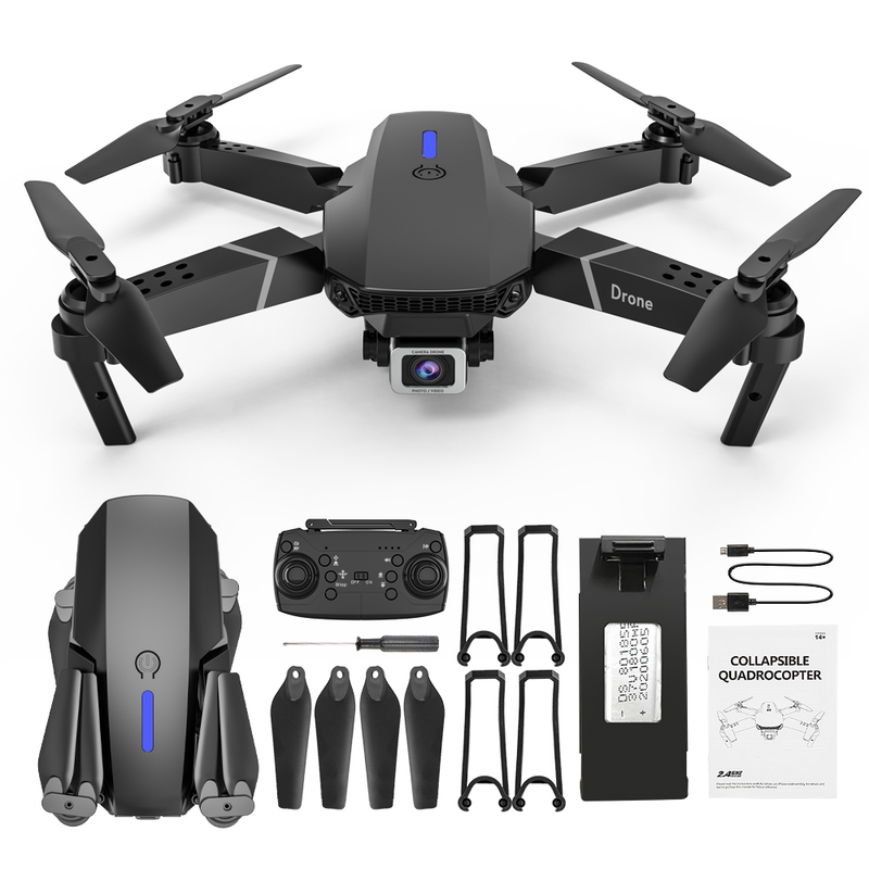 Foldable quadcopter drone with front camera, four arms, and propellers