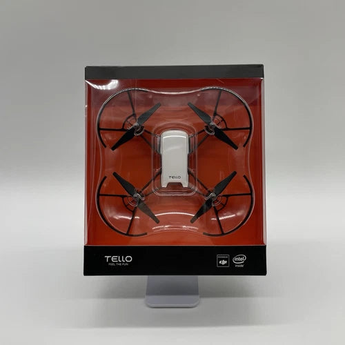 DJI Tello Boost drone in retail box, white body and four black propellers