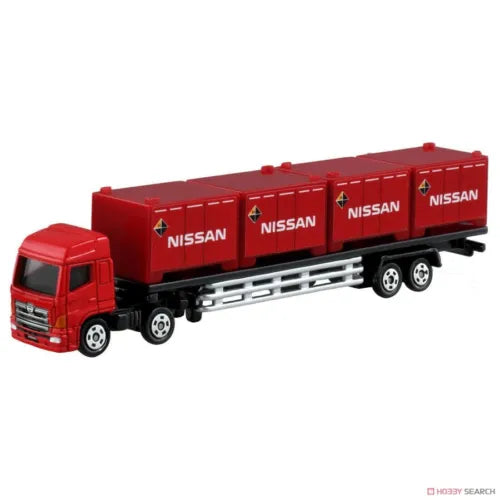 Red diecast semi truck with red Nissan container trailer, detailed cab and wheels