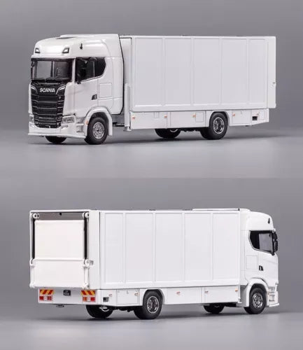 White diecast enclosed truck model with cab and box cargo, side view