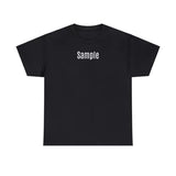 Black crew-neck T-shirt with short sleeves and centered graphic text