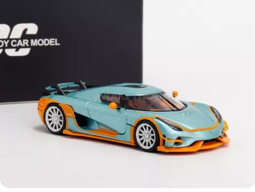 1:64 scale diecast sports car toy, teal body with orange trim and wheels