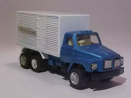 Blue diecast truck with gray ribbed cargo box and front grille, loose 1/70 model