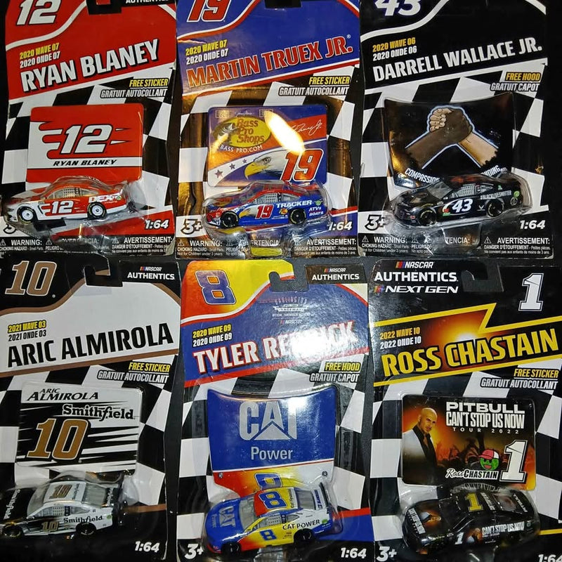 NASCAR 1:64 diecast race cars in boxes, showing car numbers 12, 19, 43, 10, 8