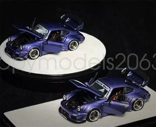 Violet diecast model car toy with chrome wheels, front and side views