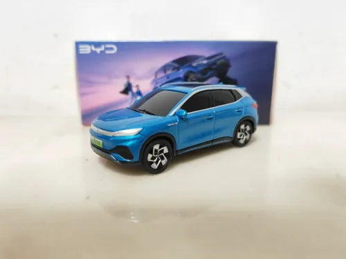 1/64 scale BYD Yuan Plus blue diecast car model in box packaging