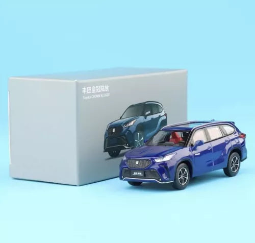Blue 1:64 diecast model sedan with black grille, front three-quarter view