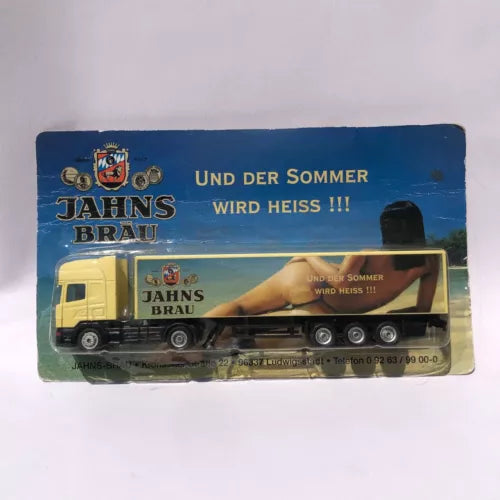 Jahns Brau beer delivery truck diecast in box, blue and yellow truck graphic