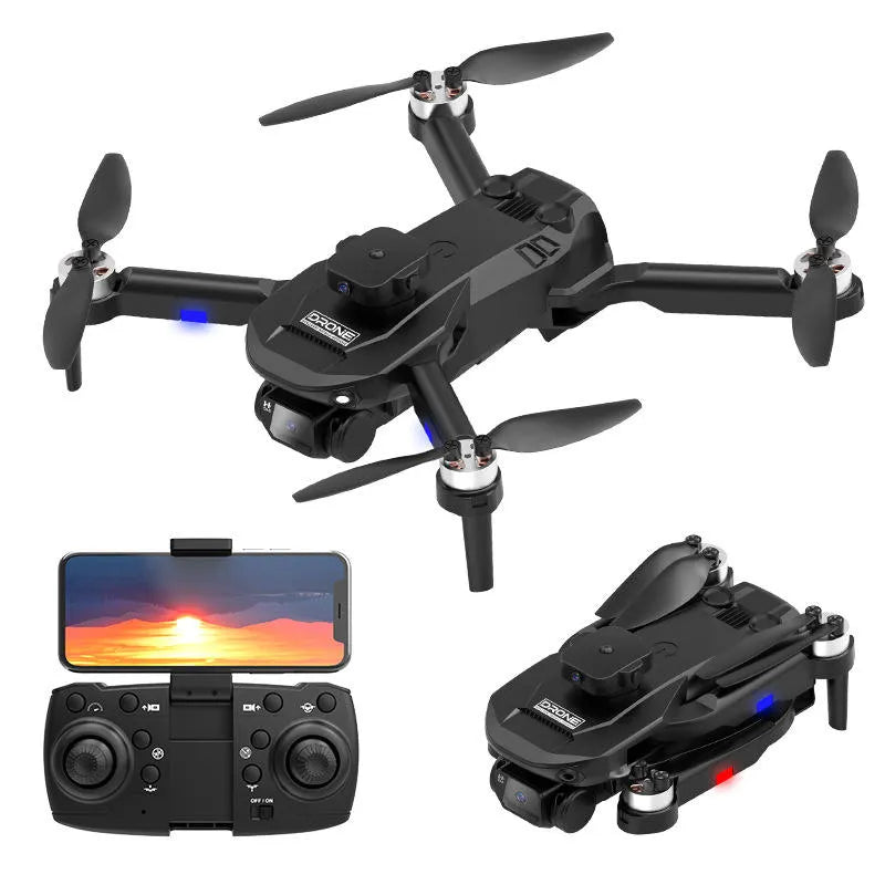 Black quadcopter drone with camera, controller and phone display