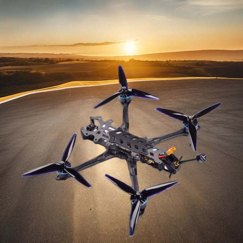 FPV racing drone quadcopter with four propellers and carbon fiber frame, black