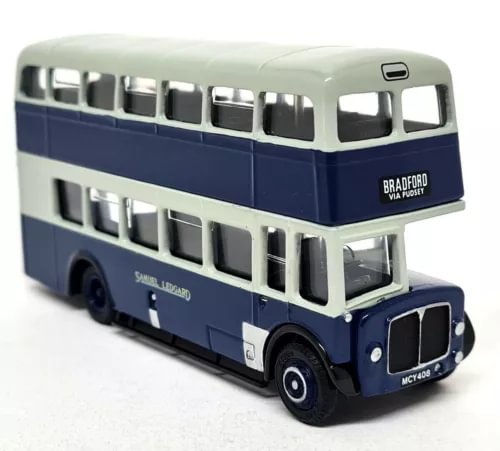 Blue and cream double-decker diecast bus model, side view