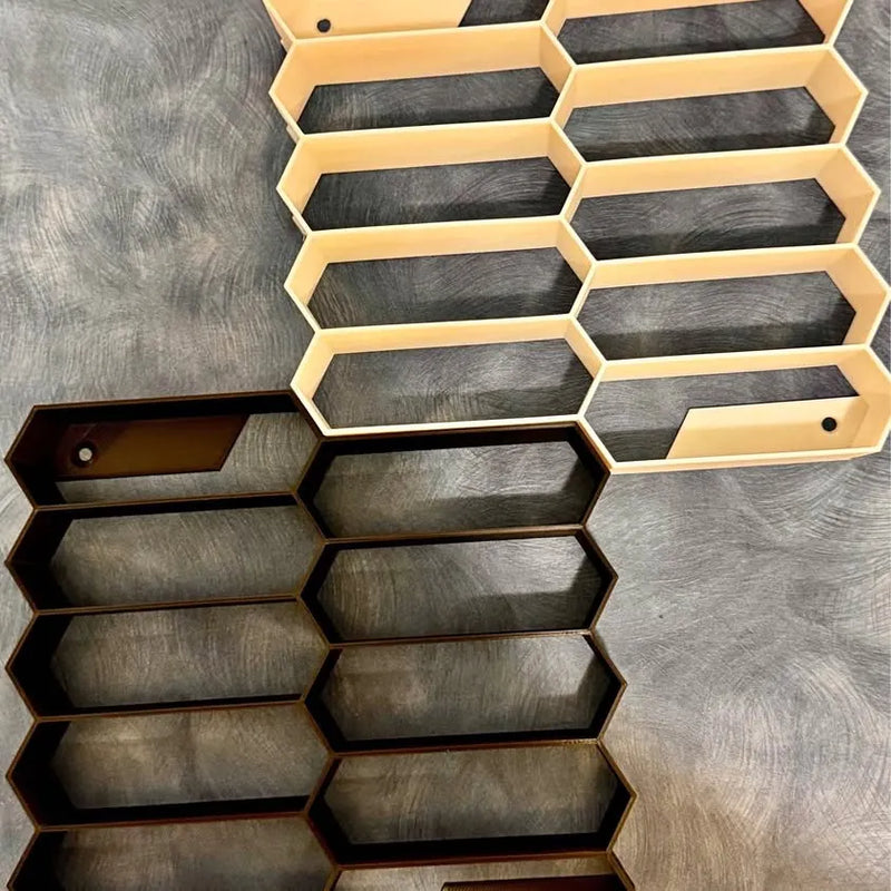 Hot Wheels wall display organizer with 10 hexagonal slots, light wood frame