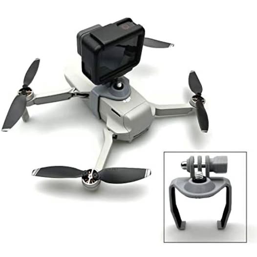GoPro mount bracket for DJI Mini 2 drone, clamp-style holder on gimbal arm