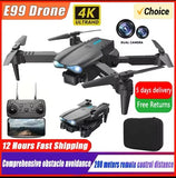 E99 Pro quadcopter drone with dual cameras, remote controller, and carrying case