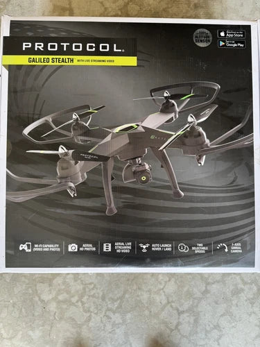 Protocol Galileo stealth quadcopter drone with camera, black, shown on retail box