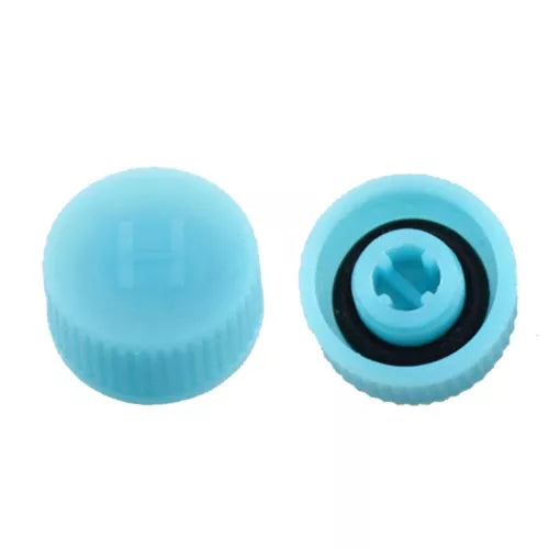 Blue circular diecast wheel caps with black center ring detail