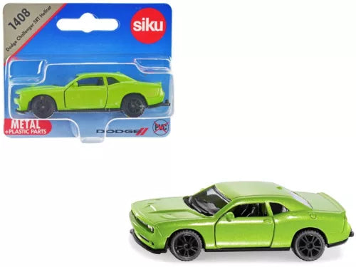 Green diecast model car with black wheels, front three-quarter view