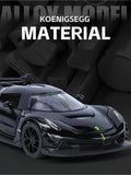 Diecast sport car model, dark blue/black Koenigsegg Jesko front three-quarter view