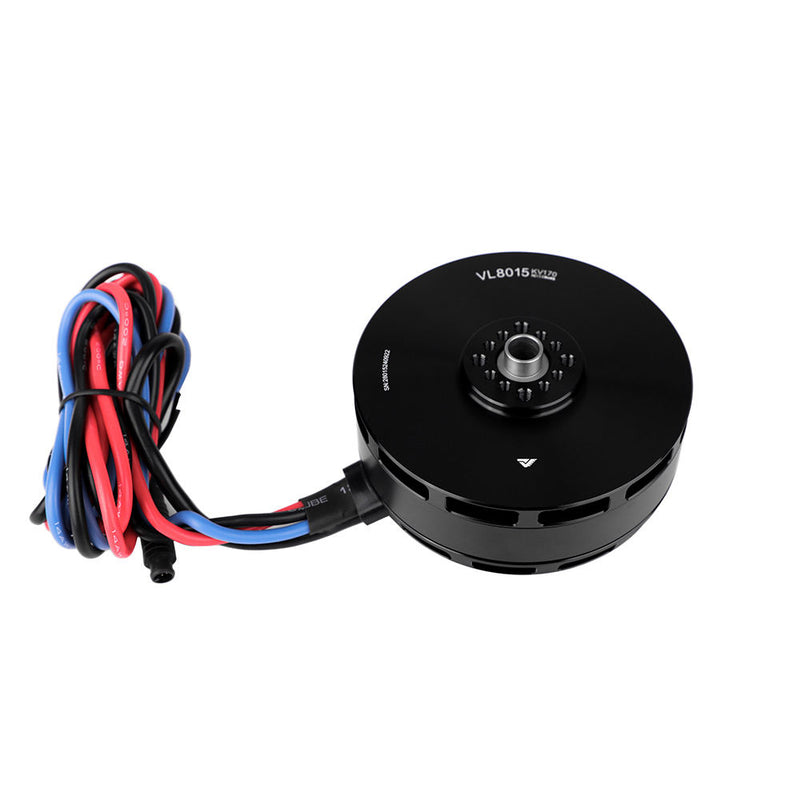 Drone motor with propeller hub and bundled red, blue, black wiring harness
