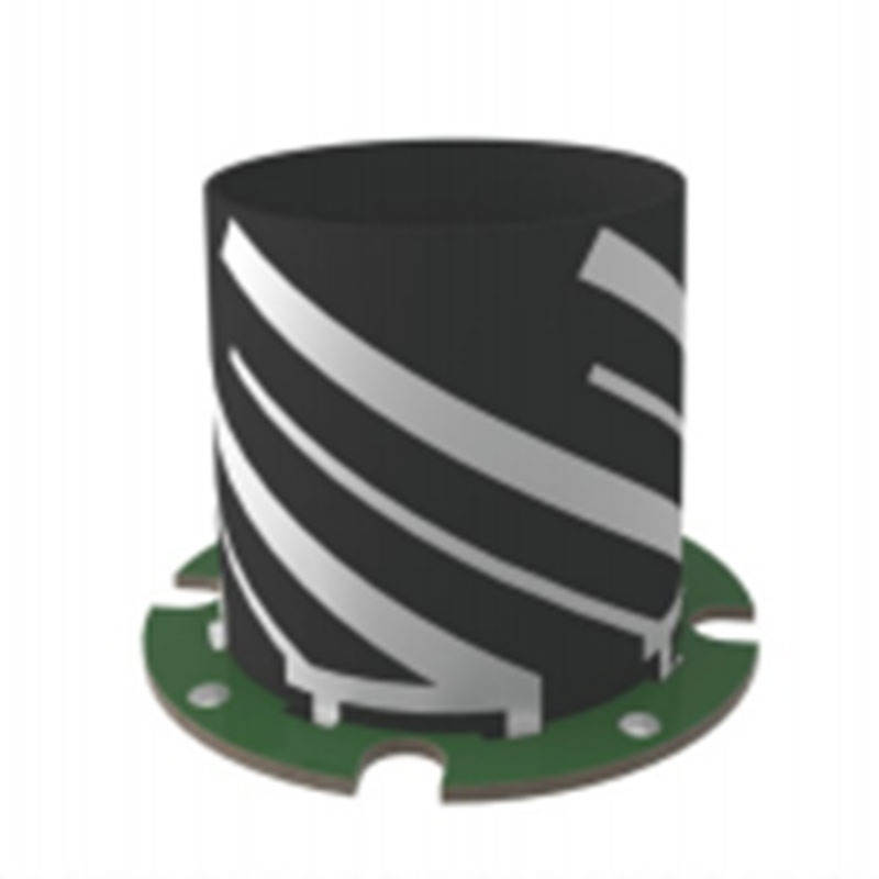 Black four-arm helical helix GNSS antenna with green mounting base plate