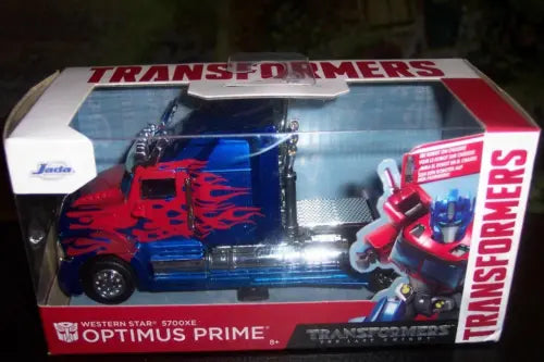 Diecast Optimus Prime western star truck model in retail box, red and blue, 1:32 scale