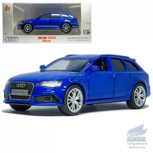 Blue Audi RS6 Avant diecast model car with silver wheels, front three-quarter view