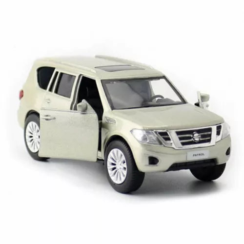 Off-white diecast SUV toy car with front grille and open driver door