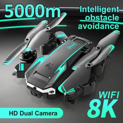 Foldable quadcopter drone with camera, four rotors, compact gray body