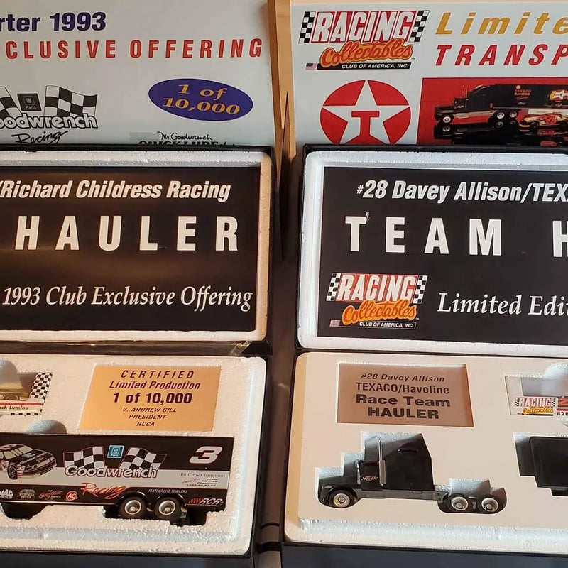 Racing collectible model cars in retail display boxes