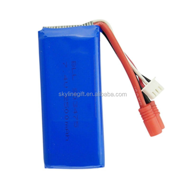 LiPo drone battery pack with blue casing and orange wire connector