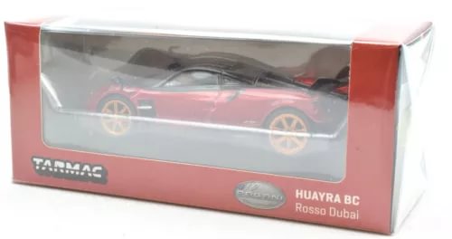 1:64 diecast race car model in box, red Pagani Huayra BC with black details