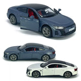 Diecast model car toy with two-door coupe body, showing front and side views in blue and white.